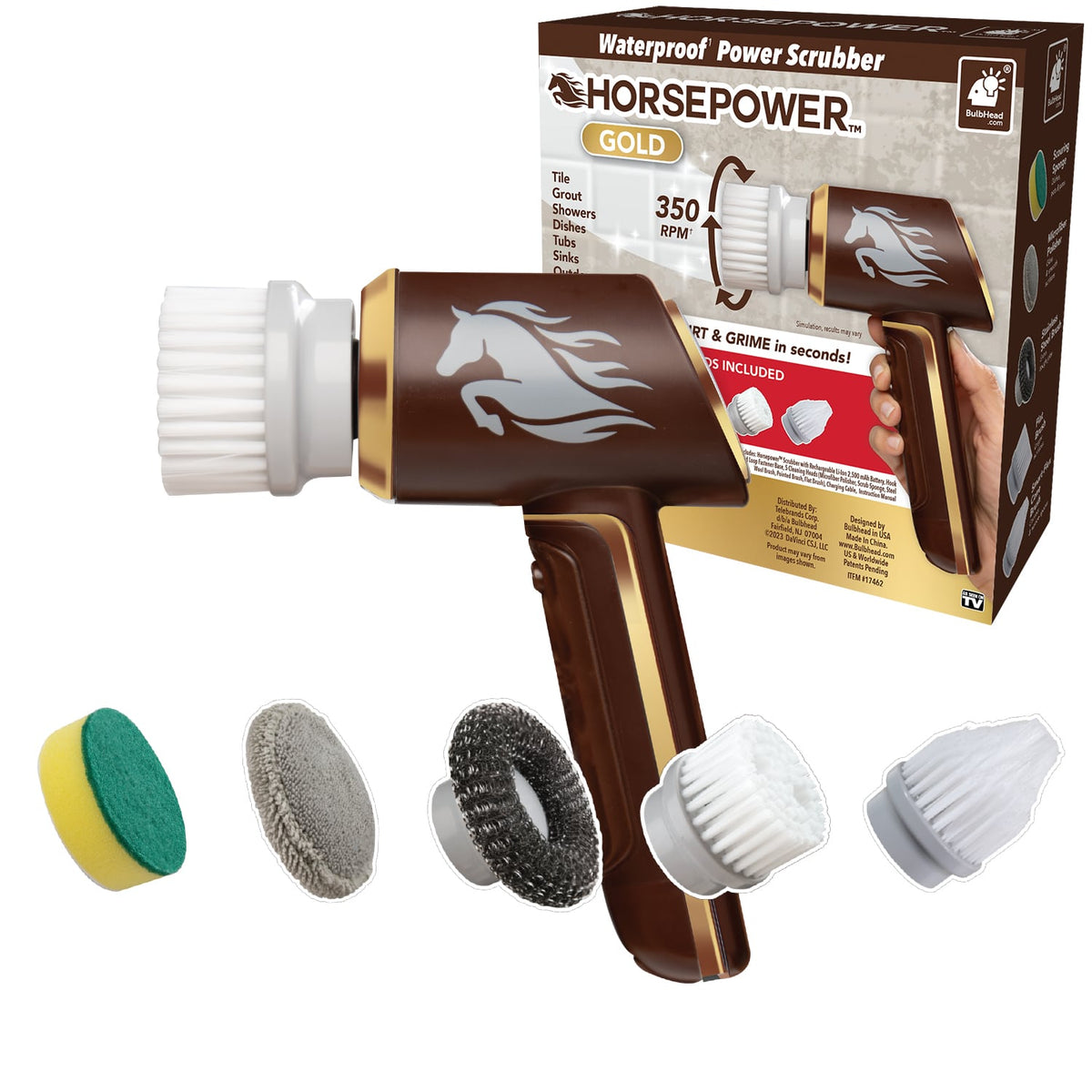 A brown Horsepower Scrubber cordless power tool is shown with five brush and pad attachments in front. The box displays the scrubber and its key features.
