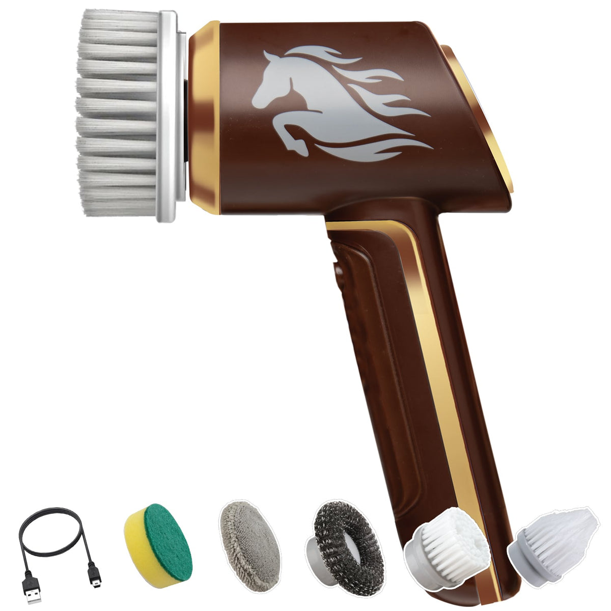 The Horsepower Scrubber is a brown and gold cordless power scrubber with a horse graphic, five interchangeable brush heads, and a USB charging cable.