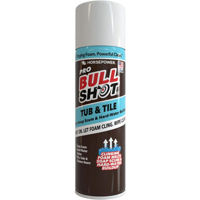 A can of Bull Shot Tub & Tile cleaner, upright with a white cap, features a blue and brown label highlighting its clinging foam that removes soap scum and hard-water buildup.