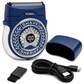 Shave Sheriff compact electric razor with a digital battery display, a protective cap, a small cleaning brush, and a USB charging cable.