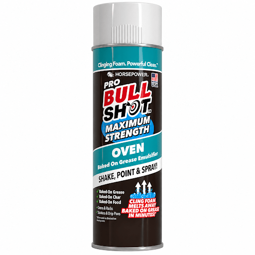 A can of Bull Shot Oven cleaner with a turquoise and black label instructs you to Shake, Point & Spray! and features clinging foam that removes baked-on grease.