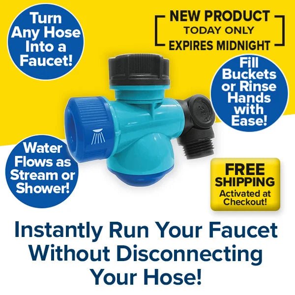 The Garden Hose Faucet Connector With Tap in blue turns any hose into a faucet with adjustable water settings, stream or shower modes, and a 360° rotating tap. Enjoy easy rinsing and free shipping—limited-time offer!.