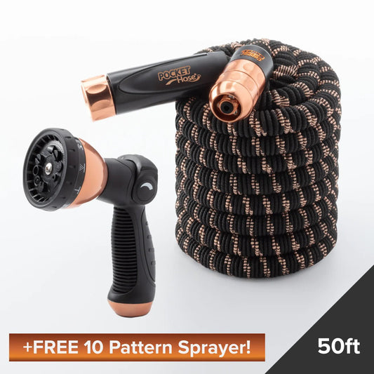 black and copper hose rolled up with black and copper nozzle in front of it with text on bottom right reading 50ft and text on bottom reading + Free 10 Pattern Sprayer!