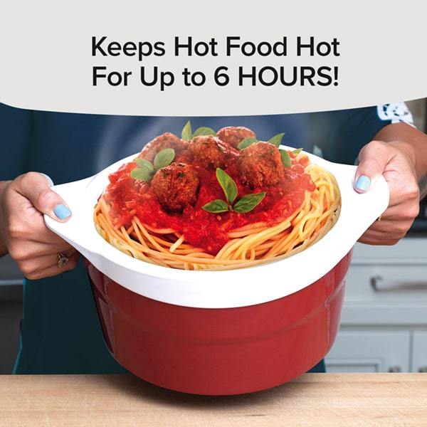6 Hour Bowl with spaghetti and meatballs cooked inside of it. Text says "Keeps Hot Food Hot For up to 6 Hours!"