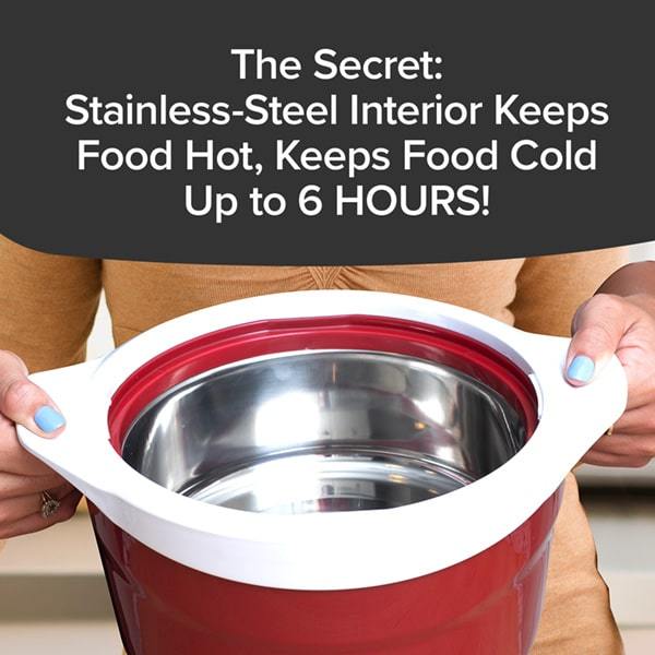 Woman holding empty open 6 Hour Bowl. Text says "The Secret: Stainless Steel Interior Keeps Food Hot, Keeps Food Cold up to 6 Hours!"
