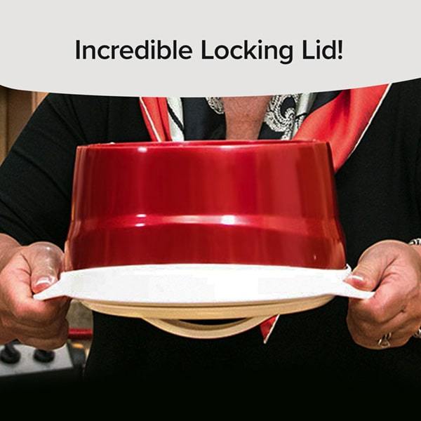 6 Hour Bowl being held upside down. Text says "Incredible locking lid!"
