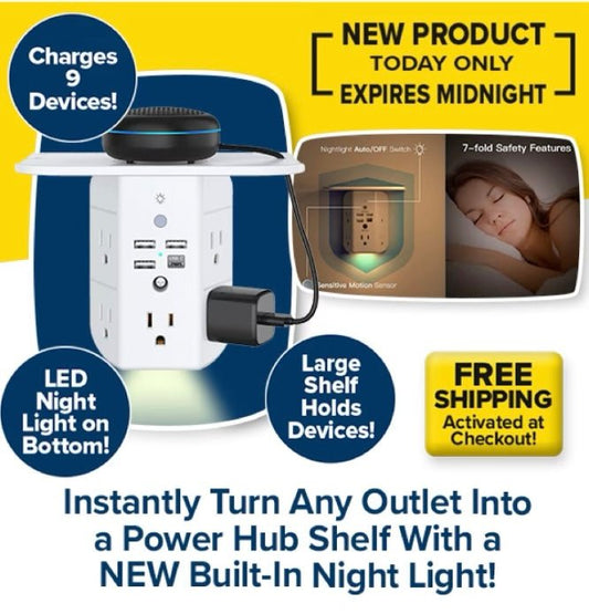 Wall Outlet Extender with Shelf & Night Light
