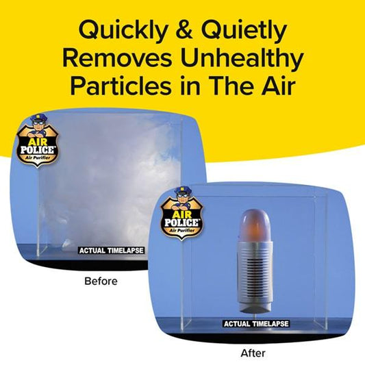 Demonstration of Air Police. Before shows box filled with white smoke. After shows box cleared of smoke with Air Police in center. Headline says Quickly & Quietly Removes Unhealthy Particles in the Air 