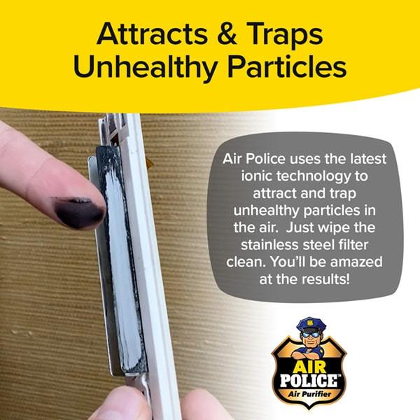 Close-up of stainless steel filter. Finger wipes away black muck that collected on it. Headline says Attracts & Traps Unhealthy Particles