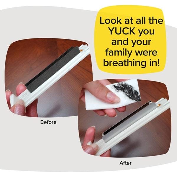 Before images shows the stainless steel filter black. After image shows a white cloth with black gunk on it and a clean stainless steel filter