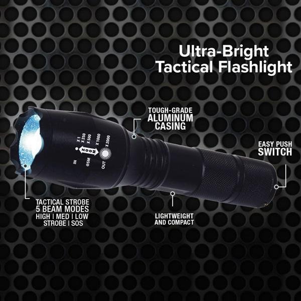Atomic Beam Flashlight with multiple headlines highlighting the different features. Headlines say Ultra Bright Tactical Flashlight, tough grade aluminum casing, easy push switch, tactical strobe five beam modes high med low strobe sos, lightweight and compact, easy push switch