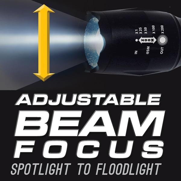 Close up of light shining out of flashlight. Headline says adjustable beam focus spotlight to floodlight