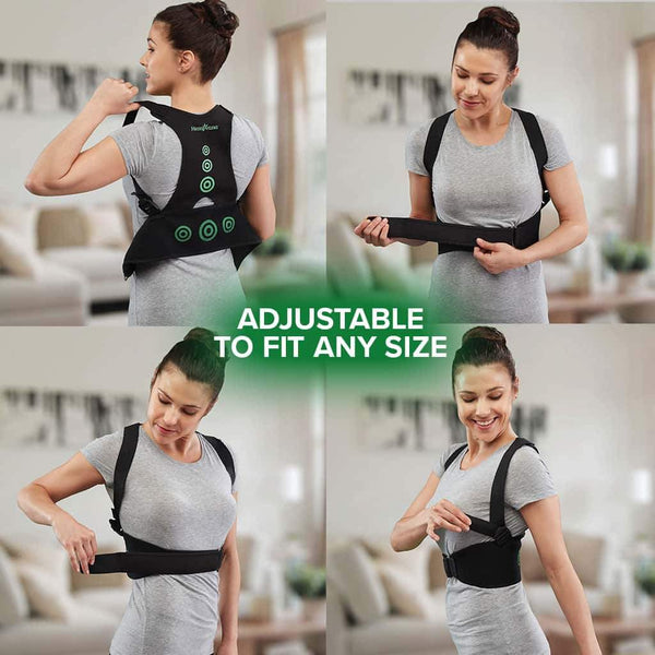Four photos in a square of a woman putting on Hempvana Arrow Posture, each photo is a different stage of her putting on the product, includes the text "Adjustable To Fit Any Size"
