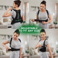 Four photos in a square of a woman putting on Hempvana Arrow Posture, each photo is a different stage of her putting on the product, includes the text "Adjustable To Fit Any Size"