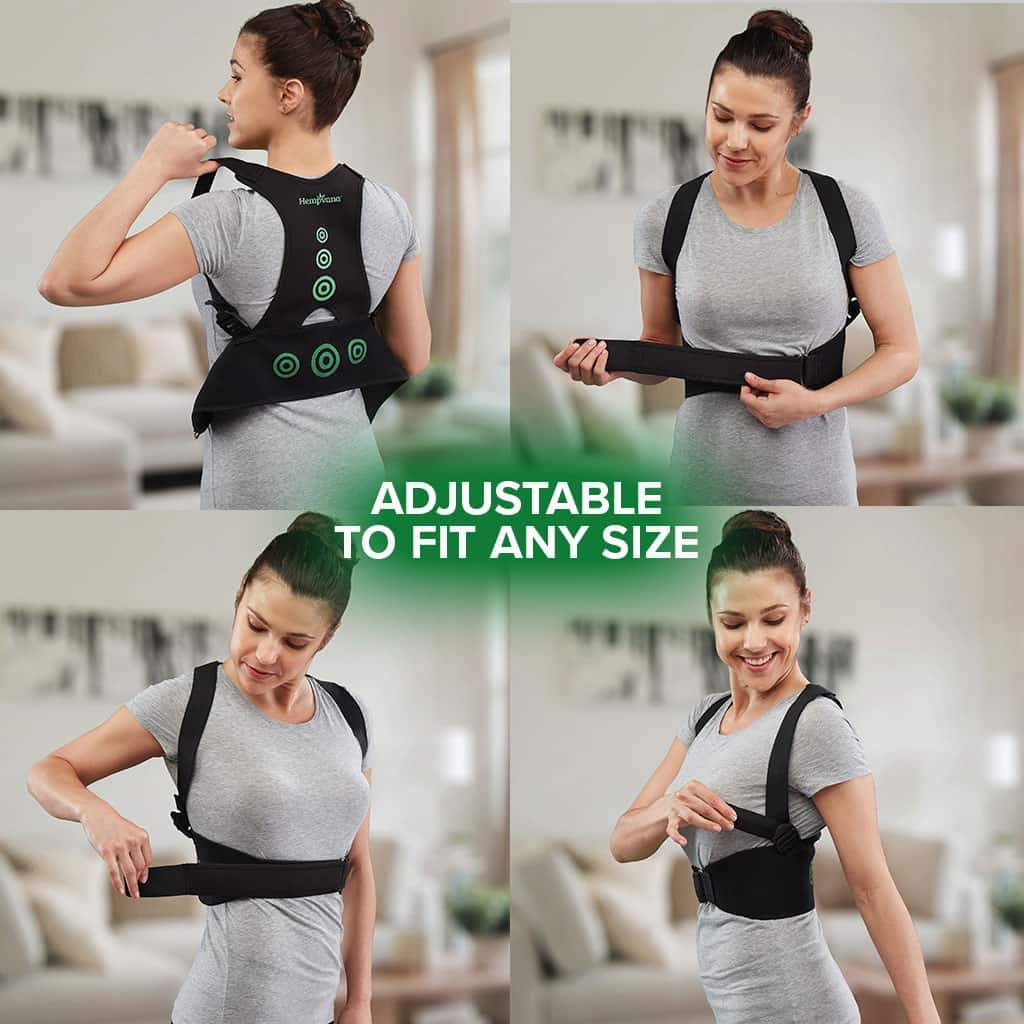 Four photos in a square of a woman putting on Hempvana Arrow Posture, each photo is a different stage of her putting on the product, includes the text "Adjustable To Fit Any Size"