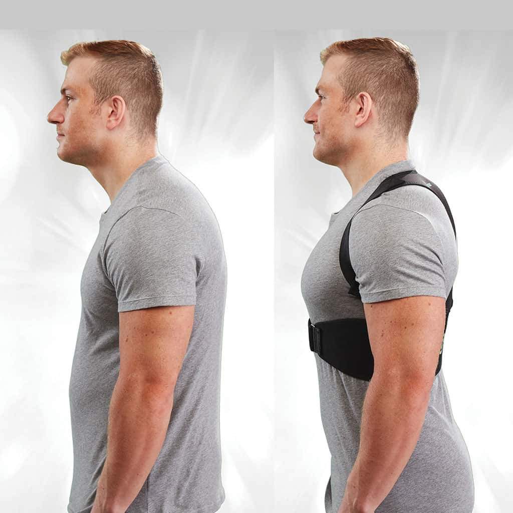 Two pictures side by side of man, in the photo on the left he is slouched a little and not wearing Hempvana Arrow Posture, in the photo on the right he is standing straight up and wearing Hempvana Arrow Posture