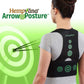 A woman with her back to the camera wearing a Hempvana Arrow Posture brace, brand logo with product name, a green background with a green target with arrows in it