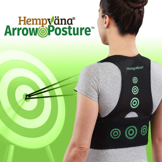 A woman with her back to the camera wearing a Hempvana Arrow Posture brace, brand logo with product name, a green background with a green target with arrows in it