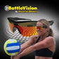 Woman hitting a volleyball while wearing Battle Vision sunglasses. A pair of Battle Vision sunglasses is in the background. Text says Battle Vision by Atomic Beam