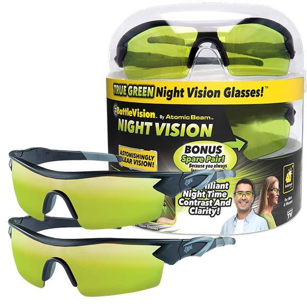 Two pairs of Battle Vision Night Vision Glasses with green-tinted lenses are shown beside their packaging, which highlights night vision, improved clarity, and a bonus spare pair inside.