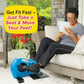 Woman sitting on couch outside wearing glasses reading magazine while using Blu Tiger on the floor. Text says "Get Fit Fast - Just Take A Seat & Move Your Feet!"