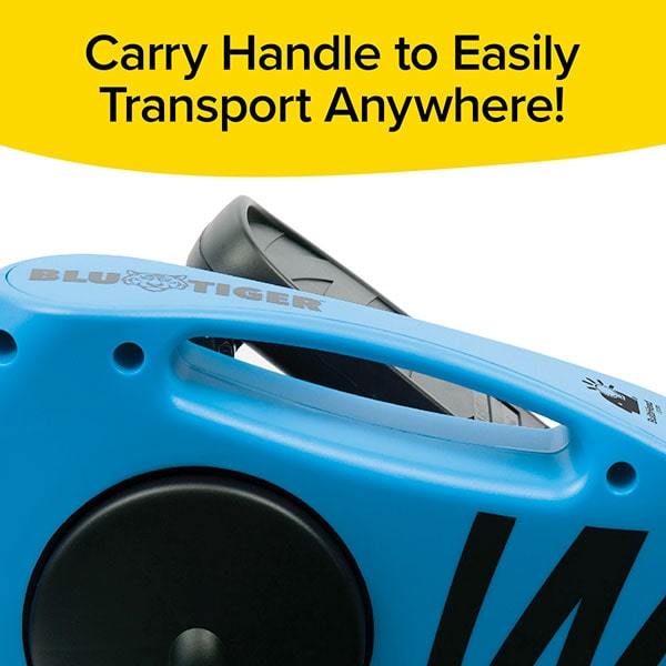 Close up of handle of Blu Tiger. Text says "Carry Handle to Easily Transport Anywhere!"