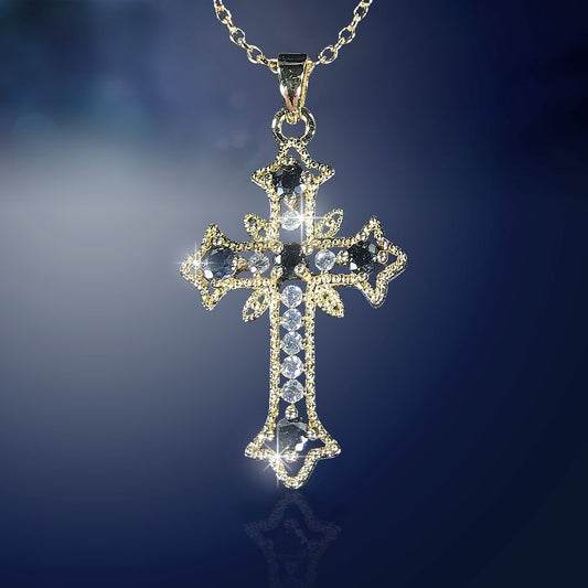 Byzantine Sapphire Cross Necklace on blue background