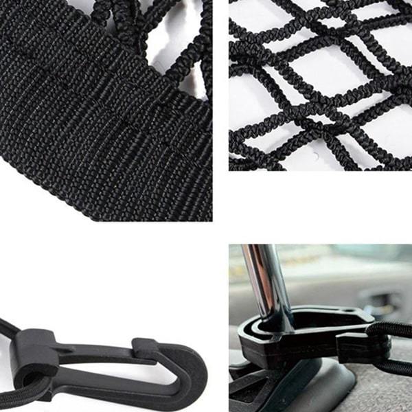 Close-ups of the different features: reinforced stitching, double net, clips to headrest
