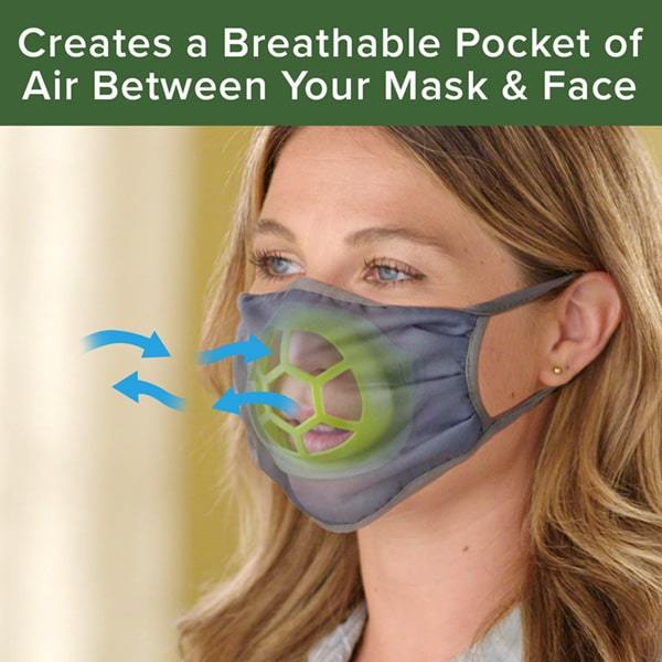 Woman wearing a mask showing a demonstration of Cool Turtle underneath the mask transparently. Headline says "Creates a Breathable Pocket of Air Between Your Mask & Face"