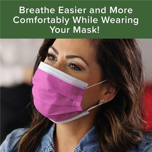 Woman wearing pink face mask. Headline says "Breathe Easier and More Comfortable While Wearing Your Mask!"