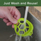 Close up of woman's hand holding a Cool Turtle under running water. Headline says "Just Wash and Reuse"