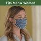 Woman wearing gray face mask. Headline says "Fits Men and Women"