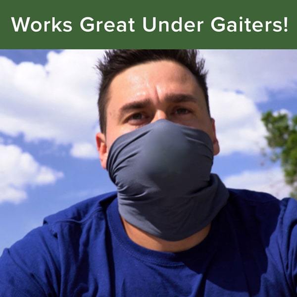 Man wearing gray gaiter and you can see outline of a Cool Turtle underneath. Headline says "Works Great Under Gaiters!"
