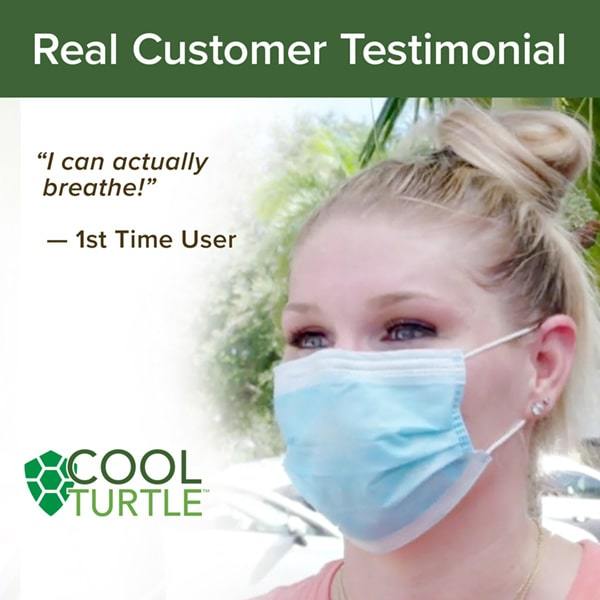 Woman wearing face mask. Text says "Real Customer Testimonial. "I can actually breathe!" - 1st Time User"