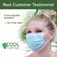 Woman wearing face mask. Text says "Real Customer Testimonial. "I can actually breathe!" - 1st Time User"
