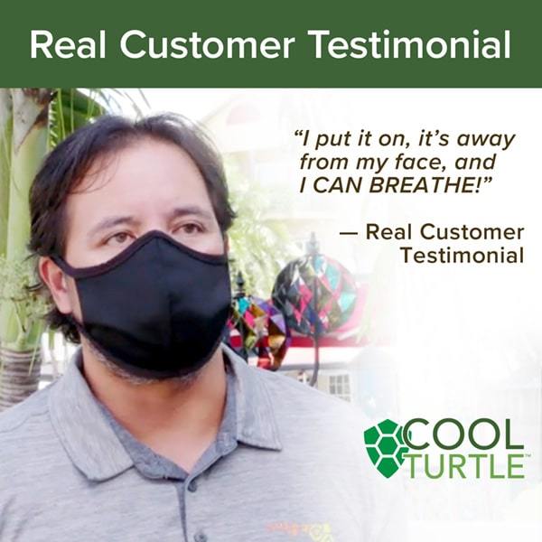 Man wearing black face mask. Text says "Real Customer Testimonial. "I put it on, it's away from my face, and I can breathe!" - Real Customer Testimonial"