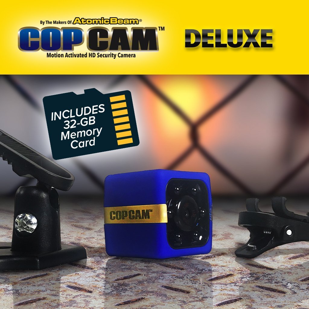 Cop Cam, swivel clip, mount, and memory card. Headlines say By The Makers of Atomic Beam Cop Cam Motion Activated HD Security Camera, Deluxe, Includes 32 GB Memory Card