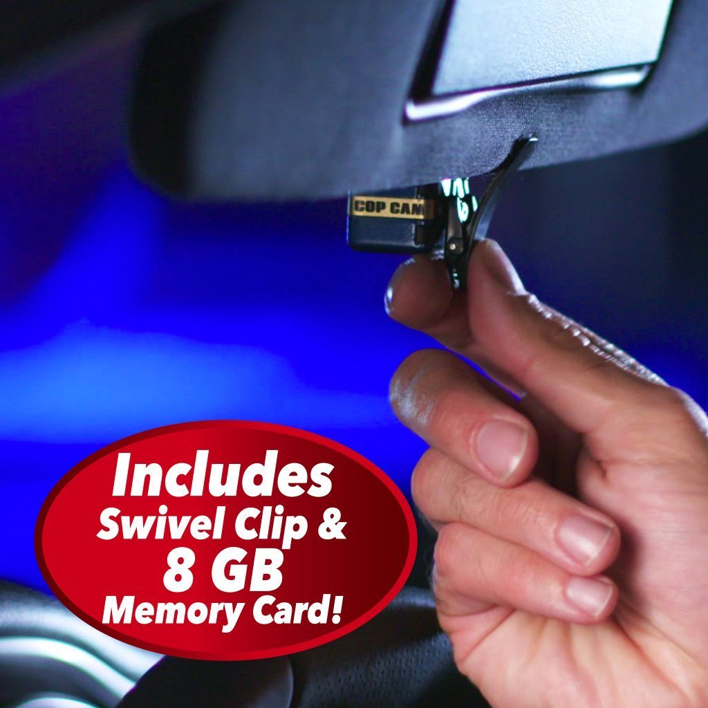 Close up of someone attaching Cop Cam to car visor. Headlines say Includes Swivel Clip and eight GB Memory Card