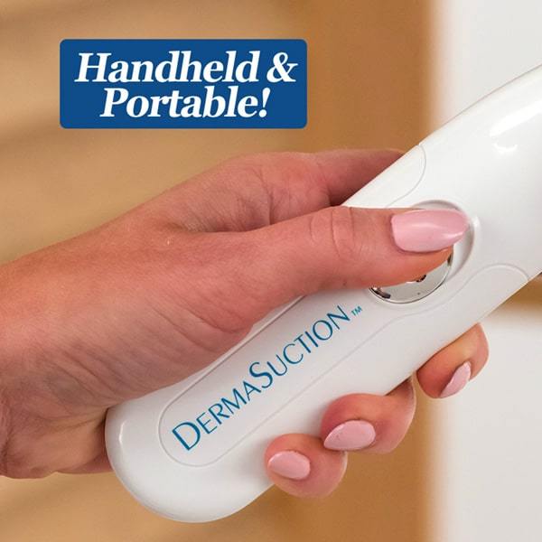 Close up of woman's hand holding a DermaSuction. Headline says Handheld and Portable