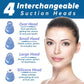 Woman's face. Different suction heads and their descriptions. Headlines say Four Interchangeable Suction Heads, Oval Head - Oval opening for getting into corners of nose and mouth, Small Head - Gentle suction, perfect for everyday use, Large Head - Strong suction, perfect for blackheads, Silicone Head - Helps exfoliate while pulling dirt and oil from skin 