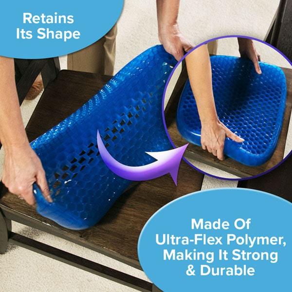 Woman laying Egg Sitter Support Cushion onto a chair. Text says Retains Its Shape. Made of Ultra Flex Polymer, Making It Strong and Durable