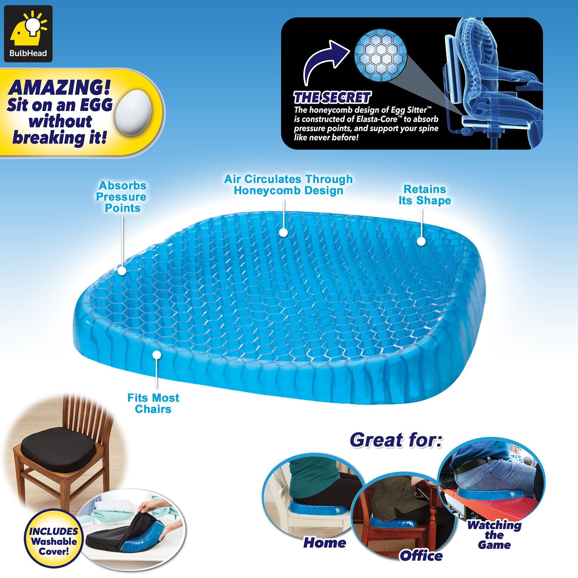 The Egg Sitter Large Gel Seat Cushion for Long Sitting, Gel Cushion fo