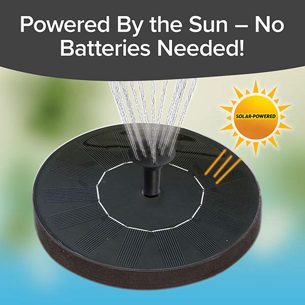 Fast Fountain by Pocket Hose shooting water out. Text says "Powered By the Sun - No Batteries Needed!"