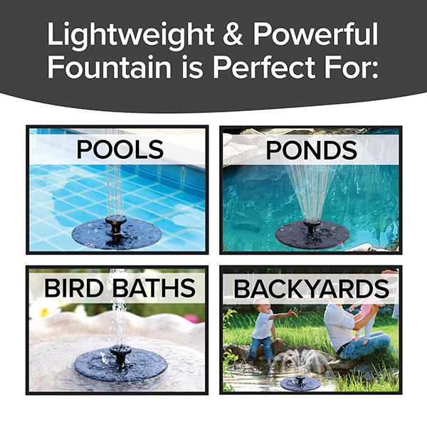 4 images of Fast Fountain by Pocket Hose in different  outdoor settings; pool, pond, bird bath, and a backyard. Text says Lightweight & Powerful Fountain is Perfect For: Pools, Ponds, Bird Bath, Backyards"