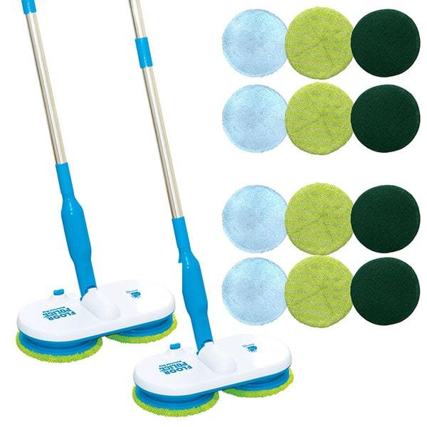 2 Floor Police Motorized Mops and their reusable heads on white background