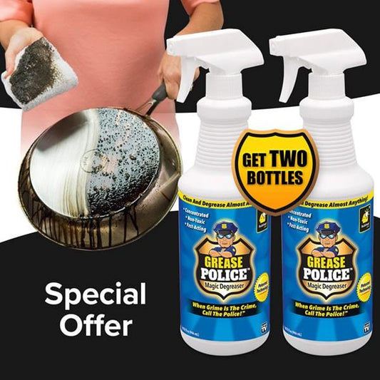 Two bottles of Grease Police. Woman holding pan showing demonstration of Grease Police. Headlines say Special Offer, Get Two Bottles,