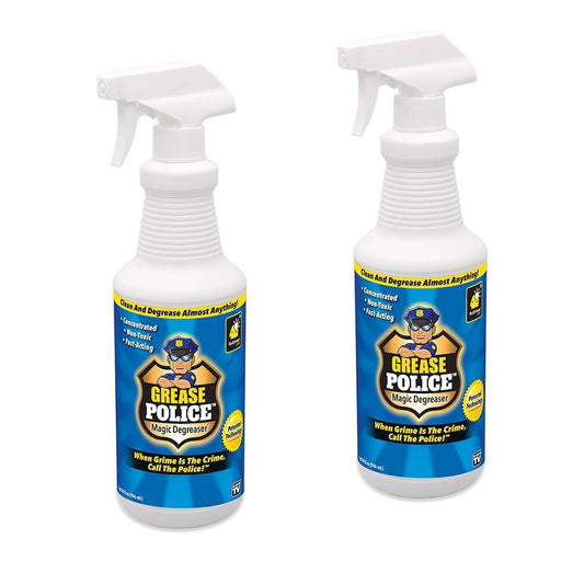 Two bottles of Grease Police isolated on white background