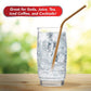 Red Copper Straw in glass with clear liquid in it. Headline says great for soda, juice, tea, iced coffee, and cocktails