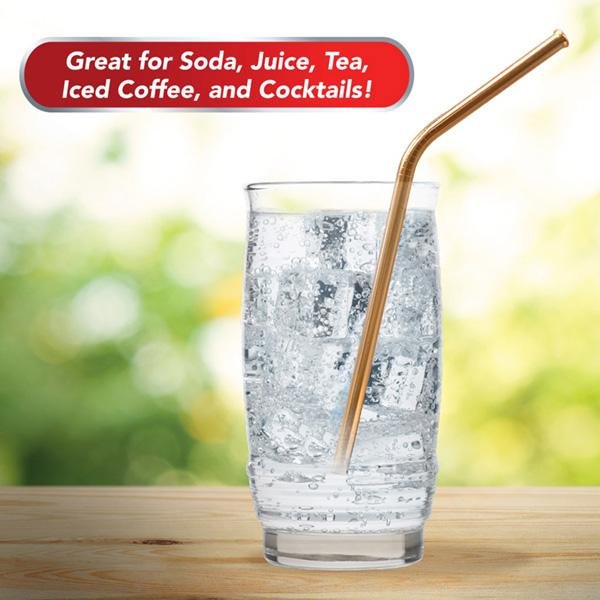Red Copper Straw in glass with clear liquid in it. Headline says great for soda, juice, tea, iced coffee, and cocktails