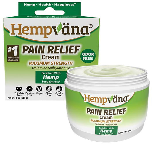 Open jar of Hempvana Pain Relief Cream next to its packaging